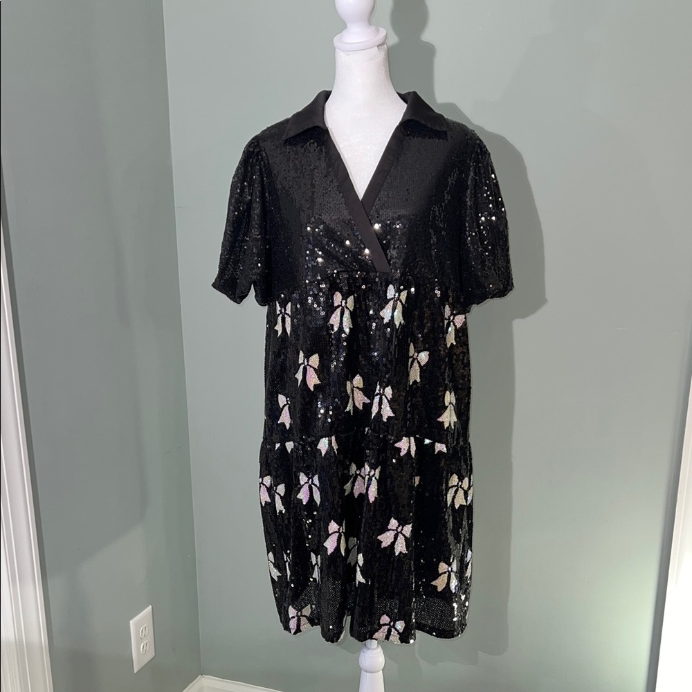 Simply Southern Sequined Black Dress with white bows, Sz L fully lined